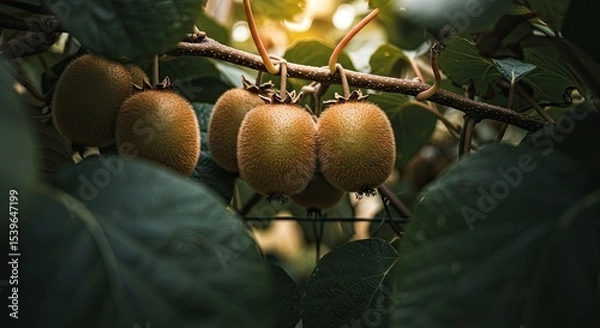 Fototapeta Close-up of ripe kiwis growing on a branch with lush green leaves in the sunlight