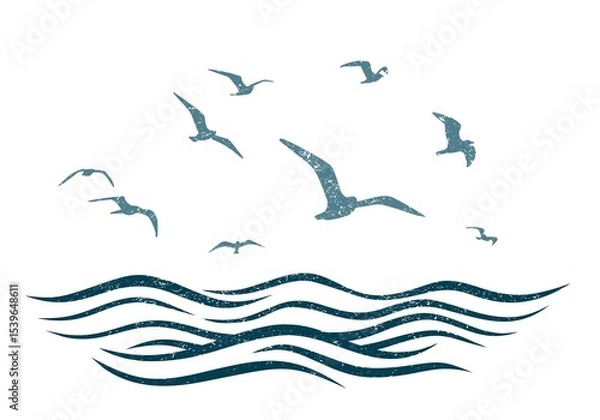 Fototapeta Flock of birds with blue sea.
