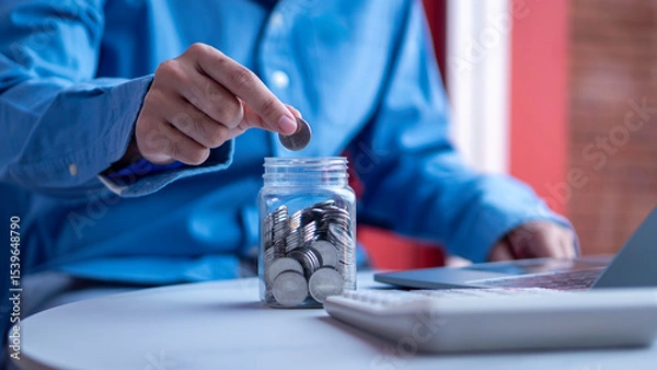 Fototapeta Saving and financial growth concept, professional adding coins into a jar, symbolizing personal finance management, budgeting, and investment planning.