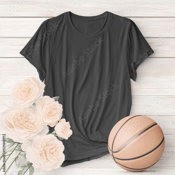 Fototapeta Blank black female t shirt template on background. T-shirt design mockup for using promotion	