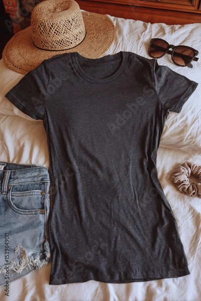 Fototapeta Blank black female t shirt template on background. T-shirt design mockup for using promotion	