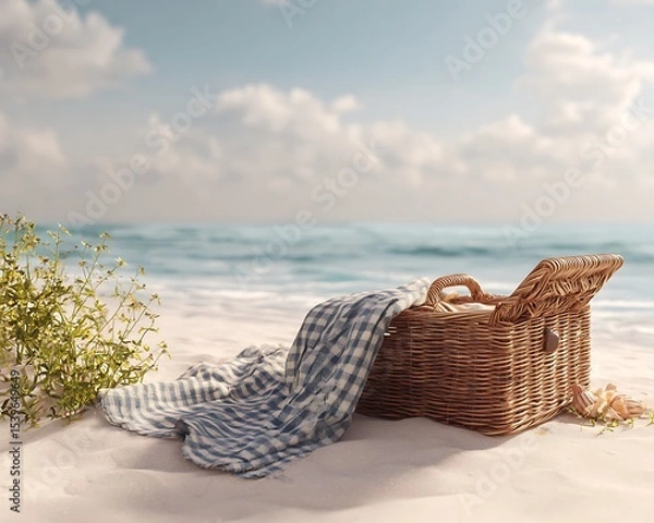 Obraz A picnic basket with a blanket sitting on a sandy beach with the ocean and sky in the background
