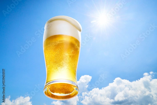 Obraz 冷えたビールの泡がグラスからこぼれ落ちる、夏の青空に太陽の光の背景
