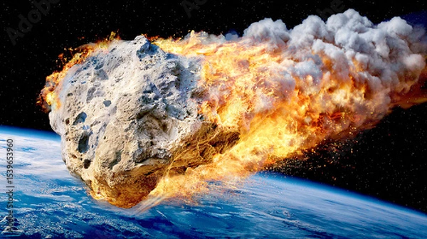 Fototapeta A comet, an asteroid, a meteorite falls to the ground against a starry sky. Attack of the meteorite. Meteor Rain. Kameta tail. End of the world. Astranomy.	