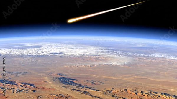 Fototapeta A comet, an asteroid, a meteorite falls to the ground against a starry sky. Attack of the meteorite. Meteor Rain. Kameta tail. End of the world. Astranomy.	