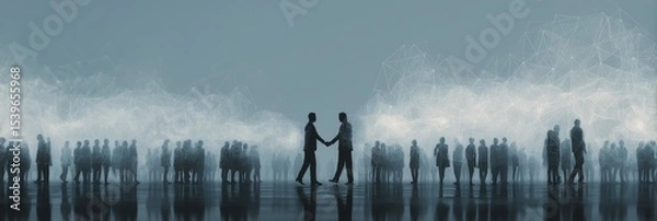 Fototapeta Diverse group handshake with abstract connections, wide banner layout for teamwork concepts