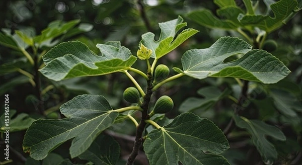 Fototapeta Close-up view of a fig tree branch with green leaves and developing figs in nature