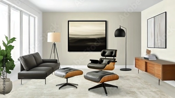 Fototapeta Living room with coordinated recliner and lamp layout