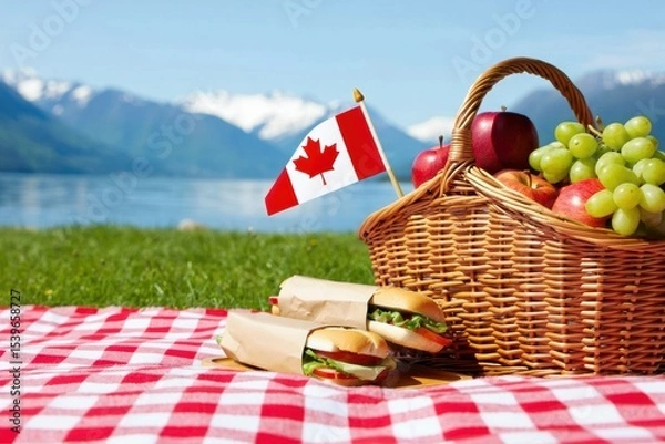 Obraz A picnic blanket lies on green grass by a calm lake with snow-capped mountains in the background.