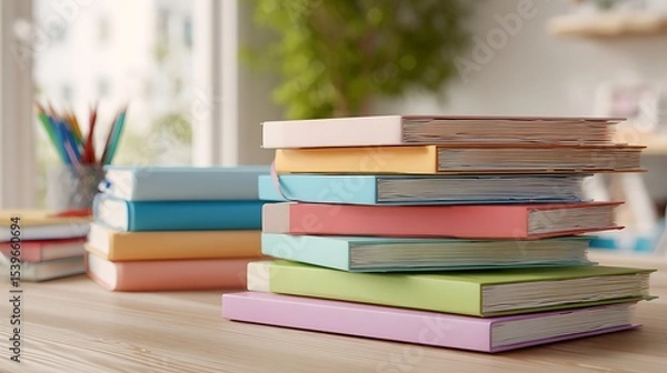 Fototapeta Stack of colorful books on a wooden table with a window and pencils in the background is visible