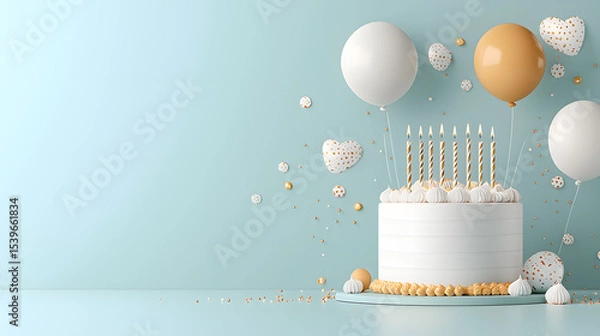 Fototapeta Celebratory Birthday Cake with Balloons and Candles on Sky blue Background  Flat Lay with copy space