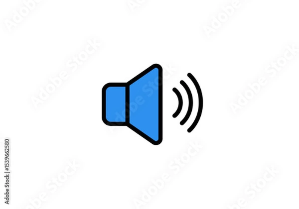 Obraz A blue speaker icon with black outlines emits curved soundwaves on a white background