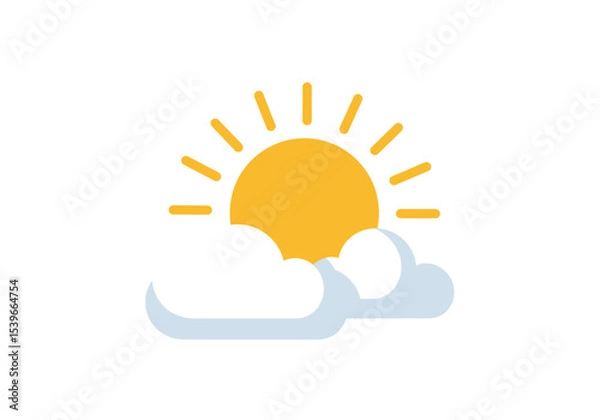 Fototapeta A yellow sun icon obscured by two white clouds with pale blue edges