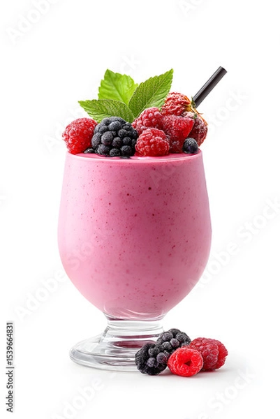 Fototapeta Berry Smoothie with Mixed Berries in Glass Isolated On White