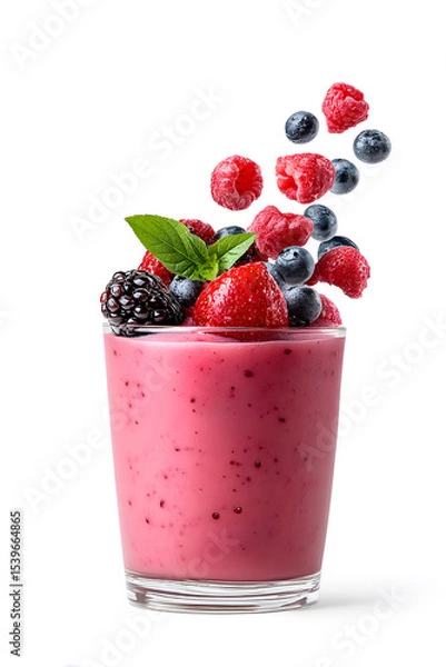 Fototapeta Berry Smoothie with Mixed Berries in Glass Isolated On White
