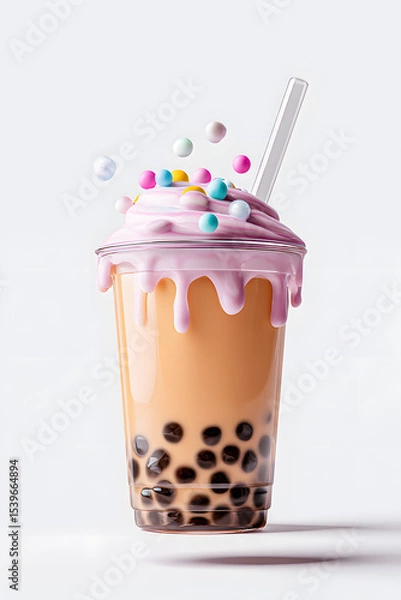 Fototapeta Boba Tea with Colorful Toppings Isolated On White