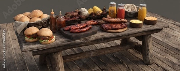 Fototapeta A rustic wooden table laden with a barbecue feast featuring burgers sausages and various condiments