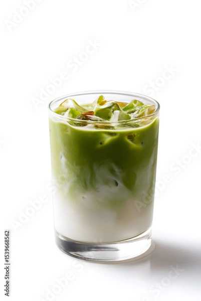 Fototapeta Iced Matcha Latte in a Glass Isolated oN White