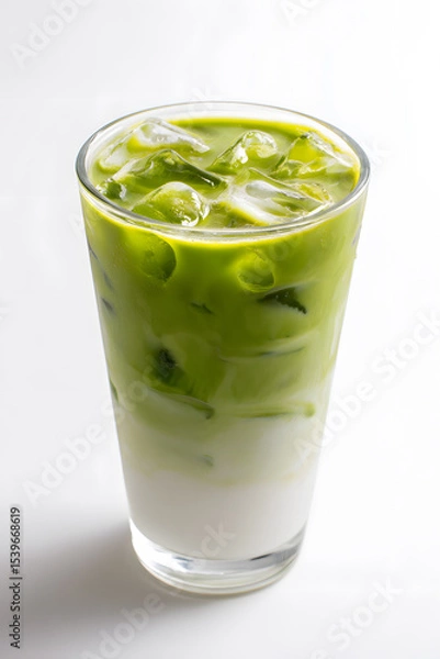 Fototapeta Iced Matcha Latte in a Glass Isolated oN White