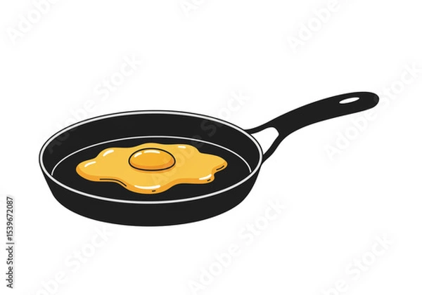 Fototapeta A cartoon illustration of a fried egg in a black frying pan on a white background in a simple style