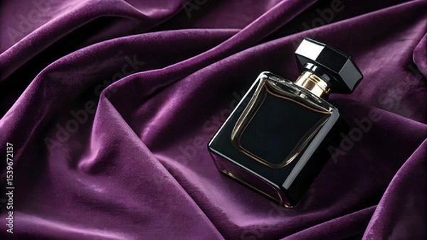 Fototapeta Black Perfume Bottle on Velvet Cloth – Luxurious Fragrance Display with Elegant Texture

