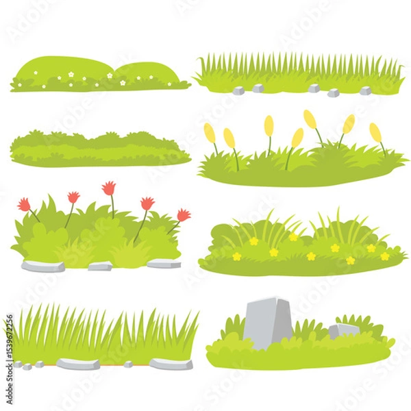 Fototapeta Collection of grass and bushes vector elements in cartoon style. Flat design clipart landscape