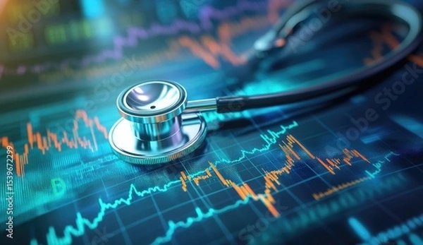 Fototapeta Stethoscope on financial data screen