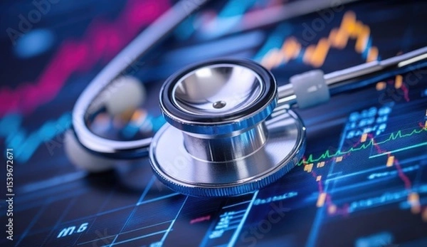 Fototapeta Stethoscope on a financial data display