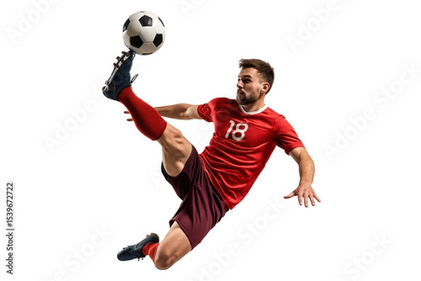 Fototapeta Soccer Player in Action: A dynamic soccer player executes a powerful overhead kick, the ball suspended in mid-air against a clean background, capturing the raw energy and skill of the sport.