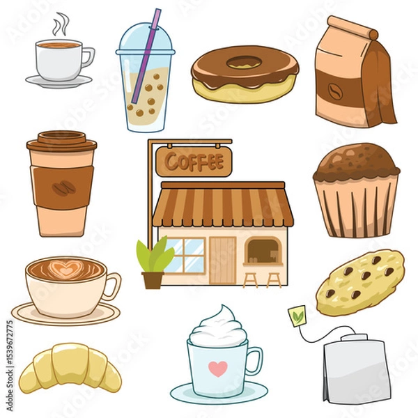 Fototapeta Coffee shop elements vector collection in cartoon style. Flat design clip art of food and drinks