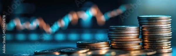 Fototapeta Stacks of coins in front of a blurred financial chart