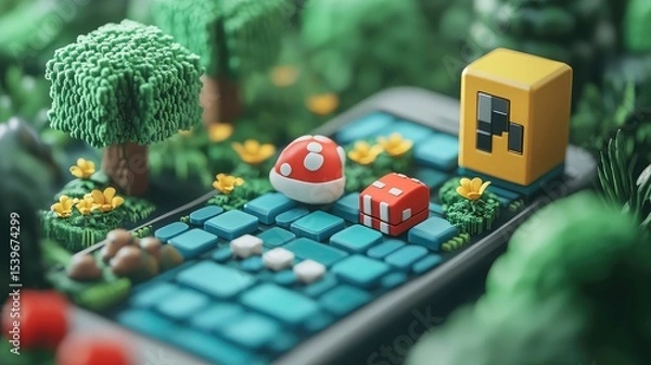 Fototapeta Mobile Game Development visual concept showcasing game design coding app development technology gaming creativity