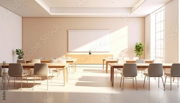 Obraz Modern bright classroom with wooden tables chairs and large projection screen ideal for education or business meeting