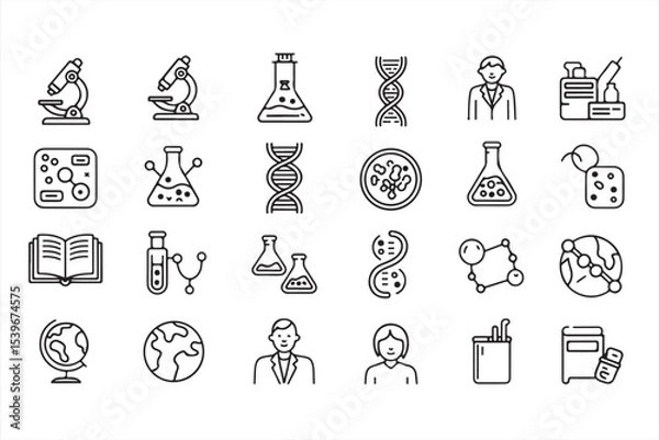 Fototapeta  Collection of 20 minimalist black and color-accented vector icons representing science, research, biology, DNA, lab equipment, and global education