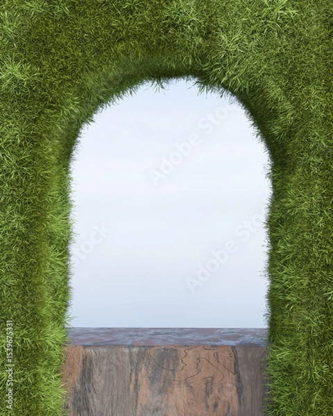 Obraz 3D render Platform and nature background, Window covered with plants and grass for product display, showcase, mockup or etc