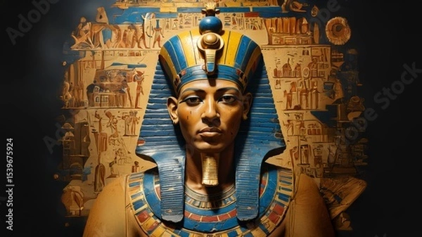 Fototapeta Ancient Egyptian pharaoh bust sculpture with painted blue and gold Nemes headdress and intricate hieroglyphic mural in background. Lifelike statue of a pharaoh from ancient Egypt . 1