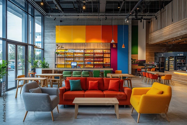 Fototapeta Modern interior design of a cafe with bright furniture and wooden tables in a shopping center.