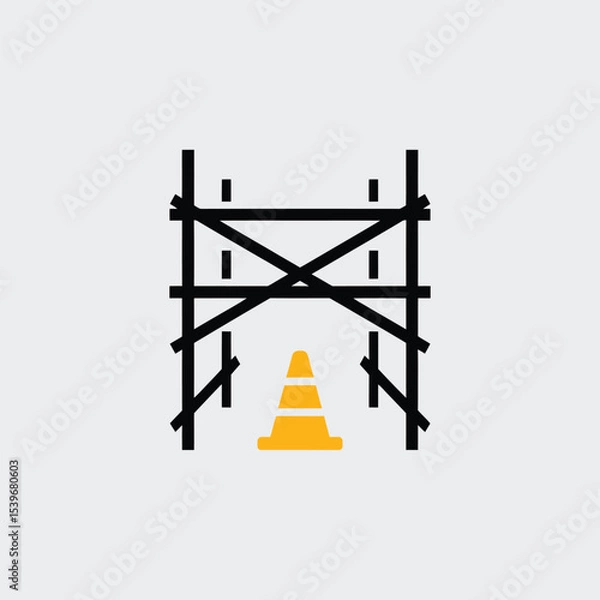 Fototapeta Construction site safety concept depicting scaffolding and traffic cone abstract minimalist illustration for industry and design