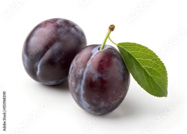 Obraz Two prune plums with green leaf on white background.