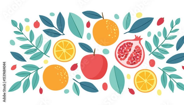 Fototapeta Collection hand drawn colorful abstract fruits, leaves and flowers. Natural tropical fruits. Strawberry, peach, lemon, pomegranate, fig, orange. Vector,colours, graphic, harvest, drawing, drawn,