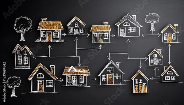 Fototapeta Hand drawn houses and trees connected by arrows on a black background representing a network diagram