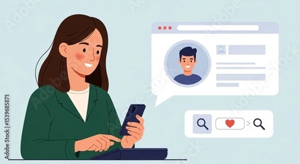 Fototapeta Woman tapping smartphone for online dating. Searching for match on social app. Digital connection and virtual relationship concept. Communication lifestyle.