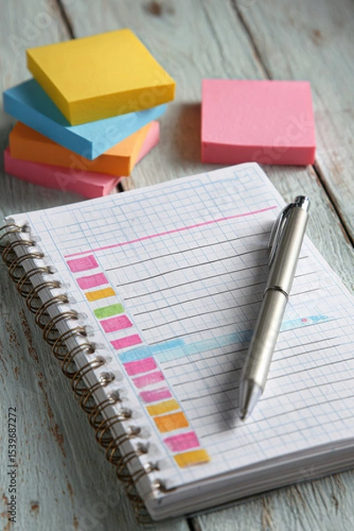 Fototapeta Close-up of notebook with checkboxes, pen and stacks of colorful sticky notes on desk. Concept of task management, productivity and planning