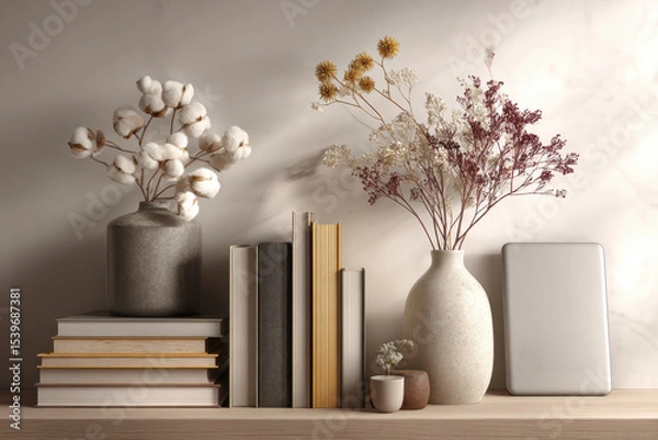 Obraz Books, vases with dried flowers, ceramic mug and tablet on wooden shelf. Minimalist home interior decor