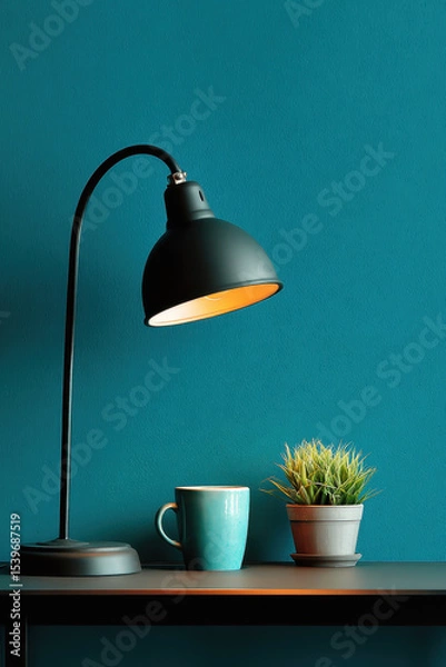 Obraz Desk lamp, cup and green potted plant on table near textured wall. Stylish home interior detail, minimal workspace