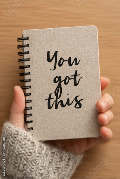 Fototapeta Close-up of hand holding notebook with handwritten motivational phrase You Got This. Message for mindset, productivity and personal development
