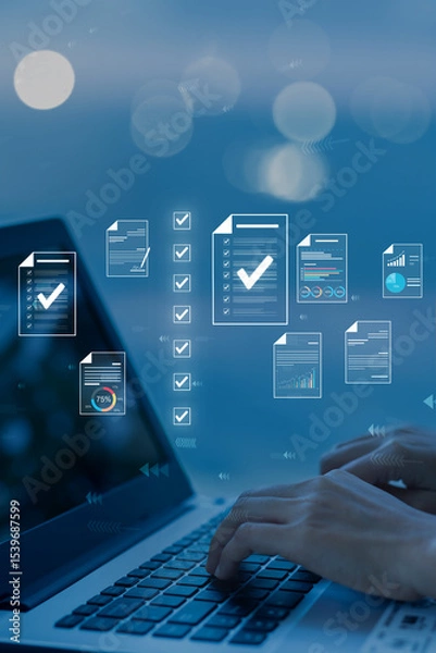 Obraz Document management concept, check electronic documents on digital documents on virtual screen Document Management System and process automation to efficiently document paperless operate