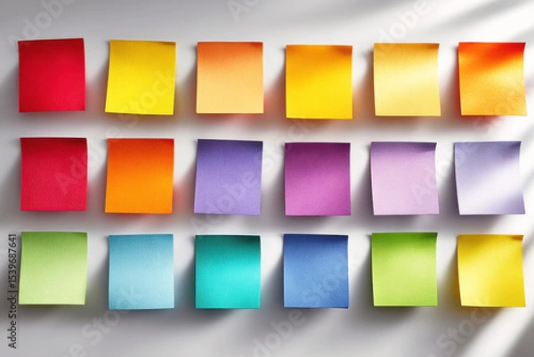 Obraz Grid of colorful sticky notes on wall in sunlight. Minimal project planning board. Concept of brainstorming