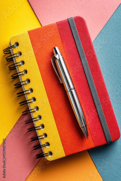 Obraz Top view of spiral notebook with pen on modern geometric colorful background