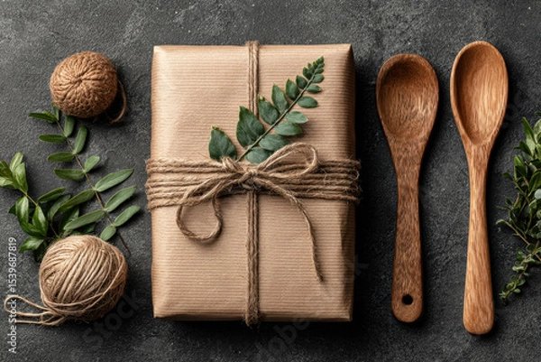 Obraz Eco friendly gift wrapped in kraft paper and twine with green leaf decoration. Concept of sustainable packaging, handmade gifts and zero waste lifestyle